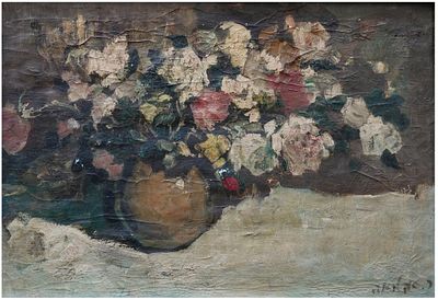 אדולף (אדי) אדלר (ישראל - רומניה, 1917-1996) - אגרטל פרחים, שמן על בד, 40X60 ס"מ, חתום.