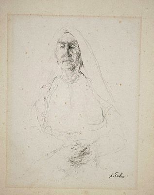 אנה טיכו (ישראל - צ'כיה, 1980- 1894) - דיוקן אישה בירושלים, עיפרון על נייר מוצמד לקרטון, 27x21 ס״מ 