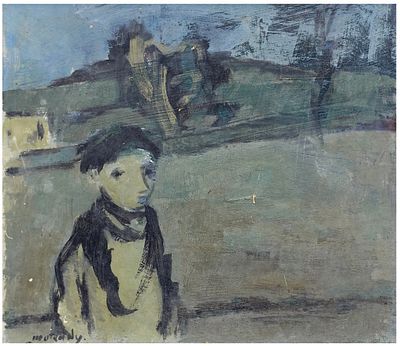 משה מוקדי (1902-1975) - ילד בנוף, שמן על קרטון, 21x23 ס״מ, חתום.