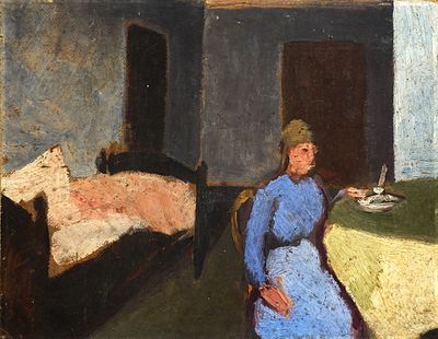 Unidentified Modern artist (XX) - A religious Jewish woman in a coif sitting in a room, Oil on 