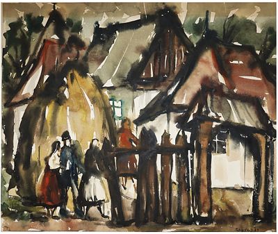 Jutta Pallos-Sch&ouml;nauer (Romanian - German, 1925-2020) - "Between Peasant Houses: Transylvanian 