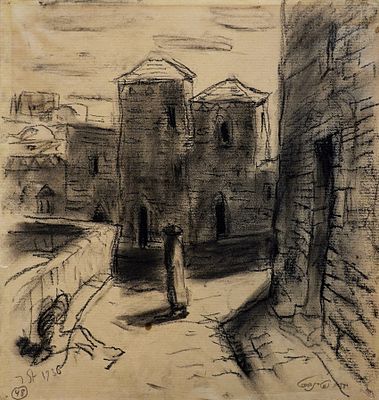 Jacob Steinhardt (German - Israeli, 1887-1968) - Figure in a Jerusalem Alley, 1936, Charcoal on 