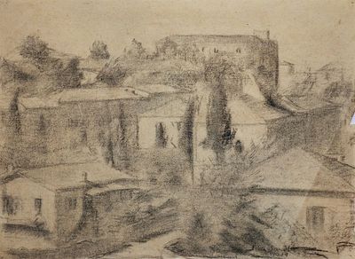 Jacob Steinhardt (German - Israeli, 1887-1968) - View in Jerusalem, 1939, Charcoal on paper, 31 x 