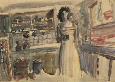 Eran Wolkowski (Israeli, b. 1947) - A woman holding a mug in the kitchen, Watercolor on paper, 34 