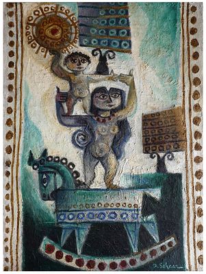 Pinchas Shaar (Israeli - Polish, 1923-1996) - Mother and son with the Messiah's donkey, 1957, Oil 