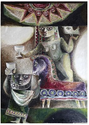 Pinchas Shaar (Israeli - Polish, 1923-1996) - A feast with a couple and the Messiah's donkey, 1966 