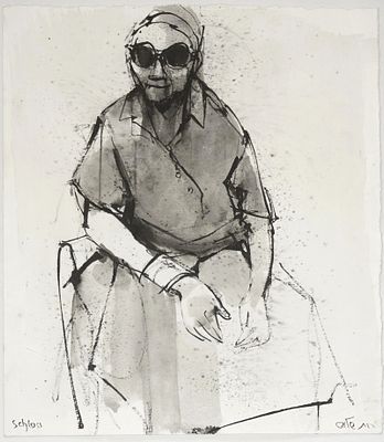 Ruth Schloss (Israeli - German, 1922-2013) - Seated Blind Woman with a Headscarf, 1990s, Ink on 