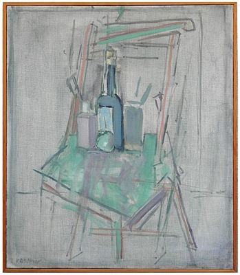Uri Stettner (Israeli, 1935-1999) - Still life with a bottle of wine on a chair, Oil on canvas, 70 