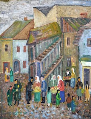 שמואל וודניצקי (ישראל - פולין, 1895-1980) - יום שוק בכיכר העיר קז'ימייז' (קרקוב), שמן על בד, 38x28 