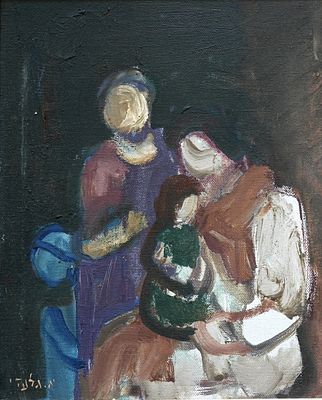 אהרון גלעדי (1907-1993) - אימהות וילדיהן, שמן על בד, 40x32 ס״מ, חתום.