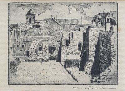 מאיר גור אריה (1891-1951) - מבט לרובע הנוצרי בירושלים, תחריט, 10x15 ס״מ, חתום.