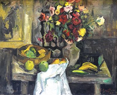 זומה בייטלר (ליטא - אורוגוואי - ישראל, 1908-1994) - טבע דומם עם ורדים באגרטל וקערת פירות, 1965 