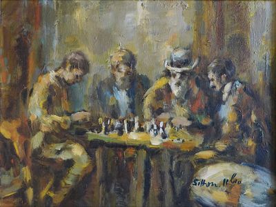 חיים סיטון (1926-1998) - שחקני שחמט, שמן על קרטון, 23X30 ס"מ, חתום.