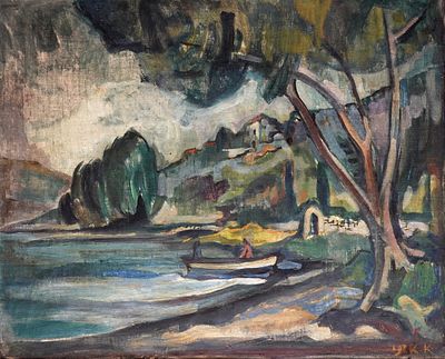 אהרון אבני (1906-1951) - נוף בכנרת, שנות ה-30, שמן על בד, 50X61 ס"מ, חתום.