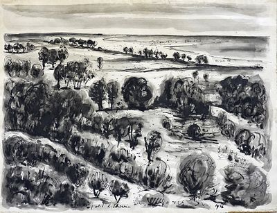 לודוויג שוורין (גרמניה -ישראל, 1897-1983) - עצים בדיונות החול בחוף הים בחיפה, מבט לכיוון דרום 