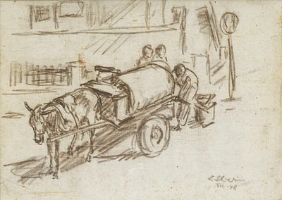 לודוויג שוורין (גרמניה -ישראל, 1897-1983) - עגלון מוכר קרח, תל אביב, 1948, עיפרון על נייר, 22x29 