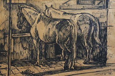 לודוויג שוורין (גרמניה -ישראל, 1897-1983) - סוסים באורווה בקיבוץ כפר גלעדי, 1945, דיו על נייר 