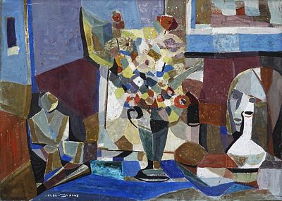 עמירם תמרי (1913-1981) - טבע דומם עם אגרטל פרחים ודמויות בחדר, 1960-61, גואש על קרטון, 50x70 ס״מ 