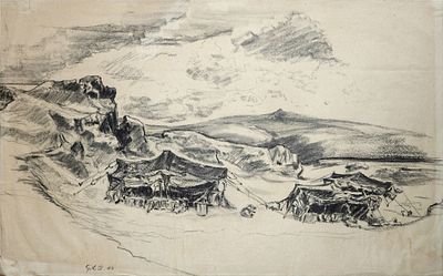 גרטה וולף-קרקואר (אוסטריה - ישראל, 1890-1970) - מאהל בדואי במדבר יהודה, 1943, פחם על נייר, 34X53 