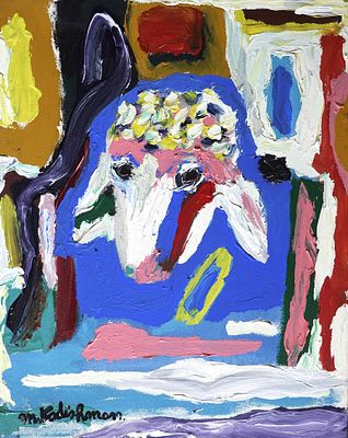 מנשה קדישמן (1935-2015) - כבשה, אקריליק על בד, 75x60 ס״מ, חתום, חתום בגב. 
מקור: עיזבון שרה 