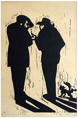 Jacob Pins (German - Israeli, 1917-2005) - An argument, 1953, Woodcut, 33 x 25 cm, Signed in 