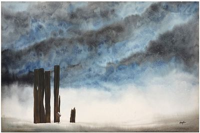 Harry Araten (American - Israeli, 1936-2001) - Drum hanging on a tree trunk, Watercolor on paper 