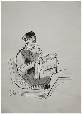 Shmuel Katz (Israeli - Hungarian, 1926-2010) - Portrait of a soldier on a jeep, 1967, Ink on paper 