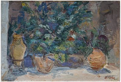 Leo Kahn (German - Israeli, 1894-1983) - Potted plants on the doorstep, Oil on canvas, 24 x 35 cm 