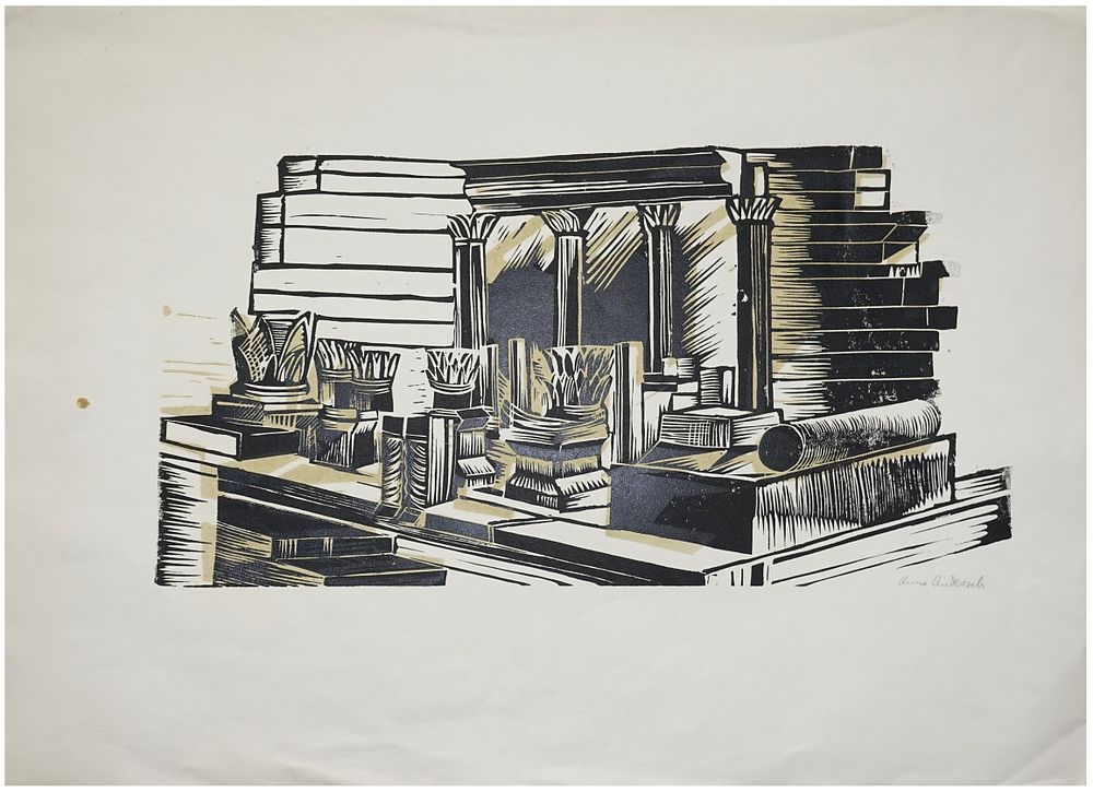Anna Andersch Marcus (German - Israeli, 1914-2005) - The Artist's Studio, Woodcut, 38 x 58 cm, Signed