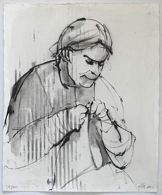 Ruth Schloss (Israeli - German, 1922-2013) - A traditional woman knitting, Acrylic and ink on 