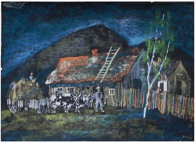 Miloš Babić (Yugoslav / Serbian, 1904-1968) - Farmers And Oxen on A Farm, Serbia, 1950s, Pastels 