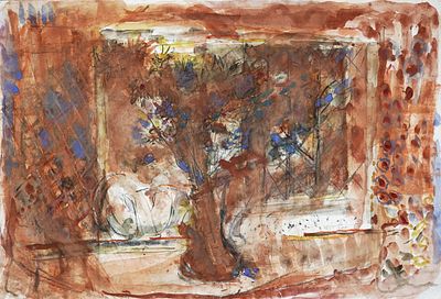 יחזקאל שטרייכמן (1906-1993) - אגרטל פרחים על אדן החלון, 1985, צבע מים על נייר, 82x56 ס״מ, חתום ומתוארך.