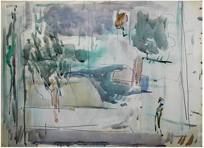 Uri Stettner (Israeli, 1935-1999) - Figure in the landscape	, Watercolor and pencil on paper, 50 x 
