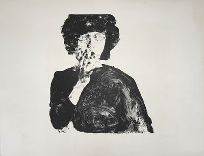 אביגדור אריכא (ישראל - צרפת, 1929-2010) - אן עם יד על הפה, 1970, הדפס אבן, 52x67 ס״מ, חתום וממוספר 