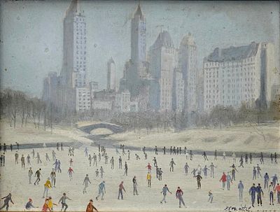 P. Rosenthal (American, XX) - החלקה על הקרח בסנטרל פארק, ניו-יורק, 1931, שמן על עץ, 20X26 ס"מ 