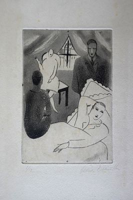 Denise Bernollin (French, 1905-1986) - דמויות בחדר, תחריט ואקווטינטה, פלטה: 14X9 ס"מ, גיליון: 