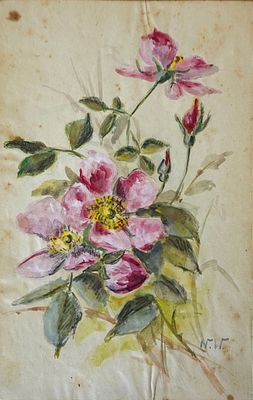 Nell Walker Warner (American, 1891-1970) - זר ורדי בר, 1917, צבע מים על נייר, 19X12 ס"מ, חתום 