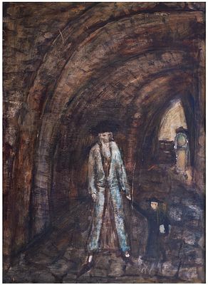 יצחק פרנקל פרנל (ישראל - רוסיה, 1899-1981) - סב ונכד בסמטה בצפת, 1935, טמפרה על עץ, 67X48 ס"מ 