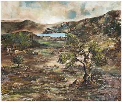 Henry Dentith (British - American, 1931-2015) - Sea of ​​Galilee View with Olive Trees, 1967, Oil 