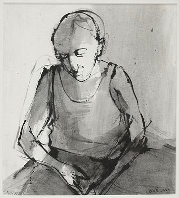 Ruth Schloss (Israeli - German, 1922-2013) - Portrait of a wretched man sitting, 1990s, Ink on 