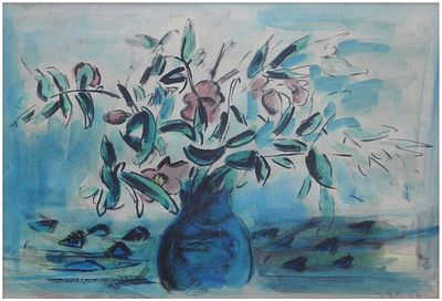 David Hendler (Israeli, 1904-1984) - Flower vase in blue, Watercolor on paper, 30 x 43 cm, Signed. 