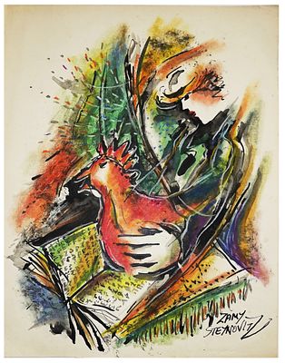 Zamy Steynovitz (Israeli - American, 1951-2000) - Woman and a rooster, Gouache and pastels on 