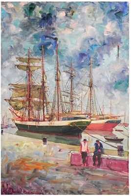 Antonio D'ARLIANO (Italian, Viareggio, 1899 - Viareggio, 1992) - אונייה וסוורים בנמל ויארג'ו 