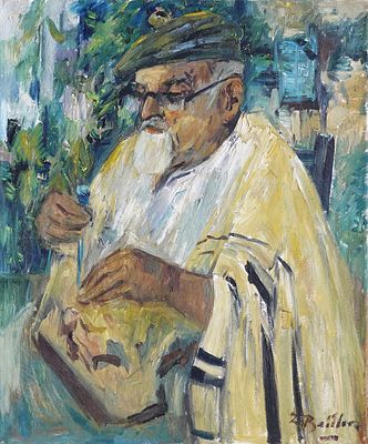 זומה בייטלר (ליטא - אורוגוואי - ישראל, 1908-1994) - דיוקן הפסל נחמיה הרן בטלית, שמן על בד, 60X50 