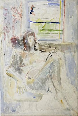 יחזקאל שטרייכמן (1906-1993) - עירום ליד החלון, צבע מים ועיפרון על נייר, 60X45 ס"מ, חתום.