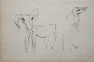 יצחק דנציגר (1916-1977) - כבש: מתווה לפסל, 1949, דיו על נייר, 13X19 ס"מ, חתום, מתוארך ומצוין 'לונדון'.