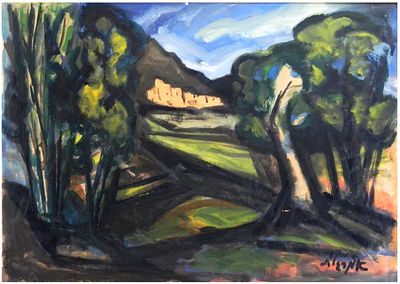 Avi Margalit (Israeli, 1939-1979) - Houses in the landscape, Gouache on cardboard, 48 x 67 cm, Signed