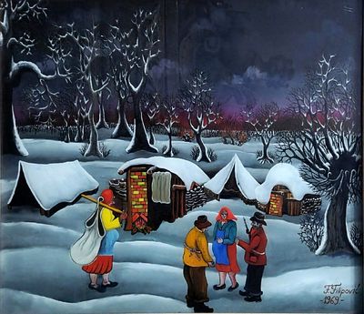 Franjo Filipovic (Croatian, 1930-2009) - דמויות בכפר מושלג, 1969, שמן על זכוכית, 62X74 ס"מ, חתום 