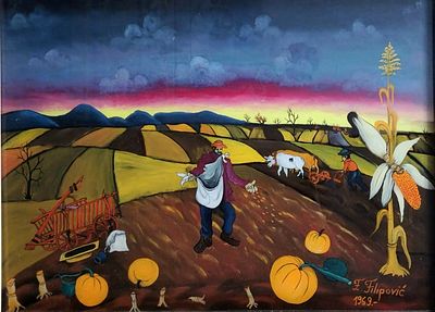 Franjo Filipovic (Croatian, 1930-2009) - איכרים בשדה, 1969, שמן על זכוכית, 50X70 ס"מ, חתום ומוארך.