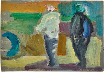 משה רוזנטליס (ליטא - ישראל, 1922-2008) - דמויות בנוף, שמן על קרטון, 18X12 ס"מ, חתום.